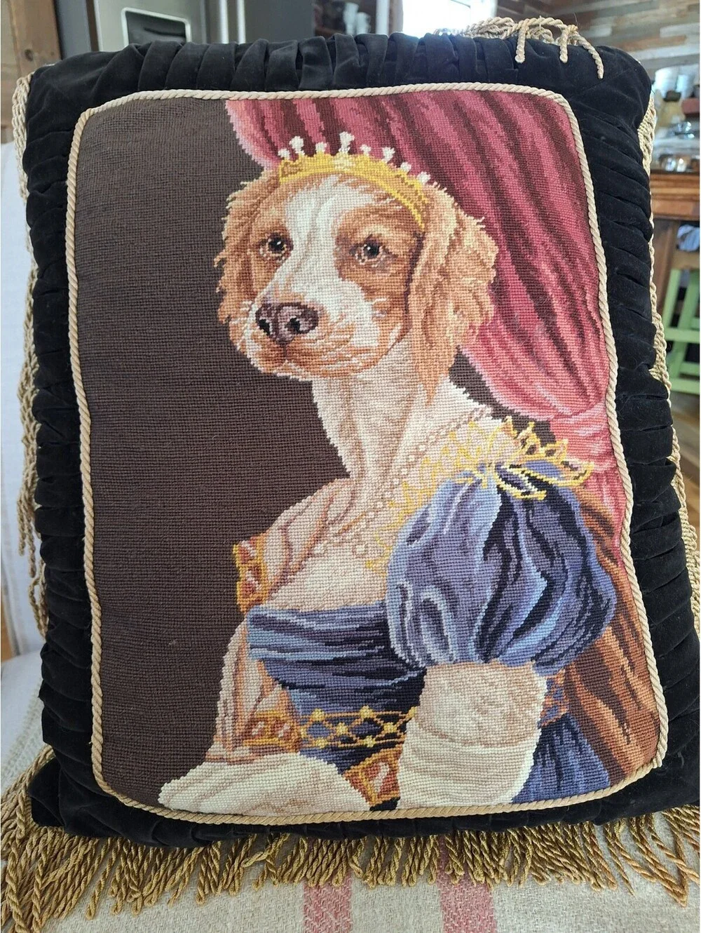 Vintage Cavalier King Charles Spaniel Brittany Dog Needlepoint Pillow